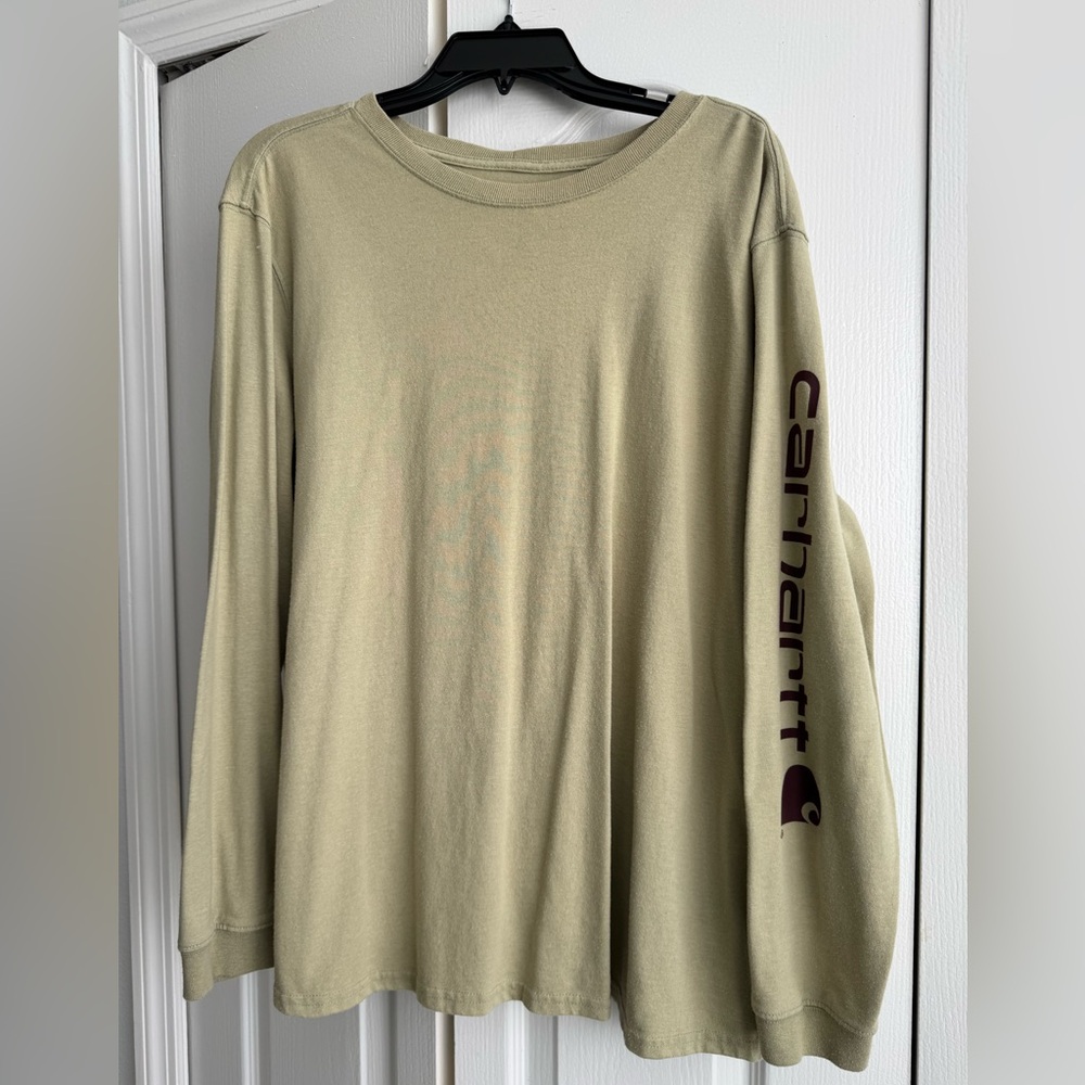 Carhartt Women’s 1X Tan Long Sleeve Shirt with Maroon Sleeve Logo